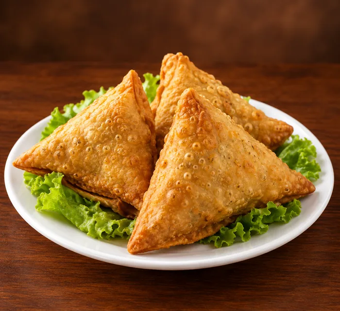 Golden chamuças on a plate