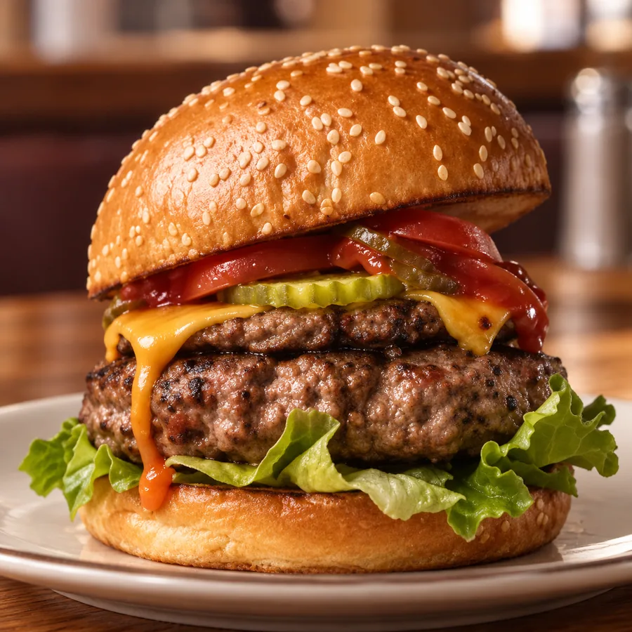 A double cheeseburger on a plate